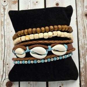 Bohemian Shell Stacked Bracelet Set/4 Beaded Wooden Turquoise Beachy Stack NWT